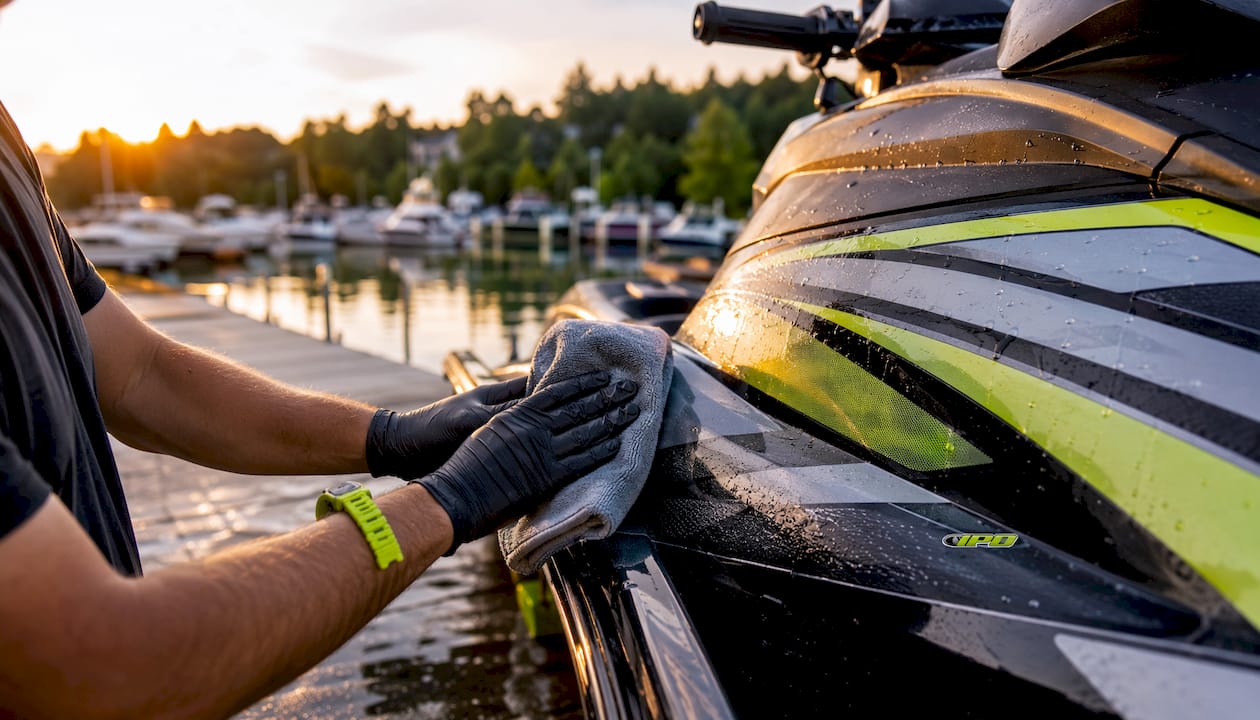 Hands cleaning boat decal with safe supplies