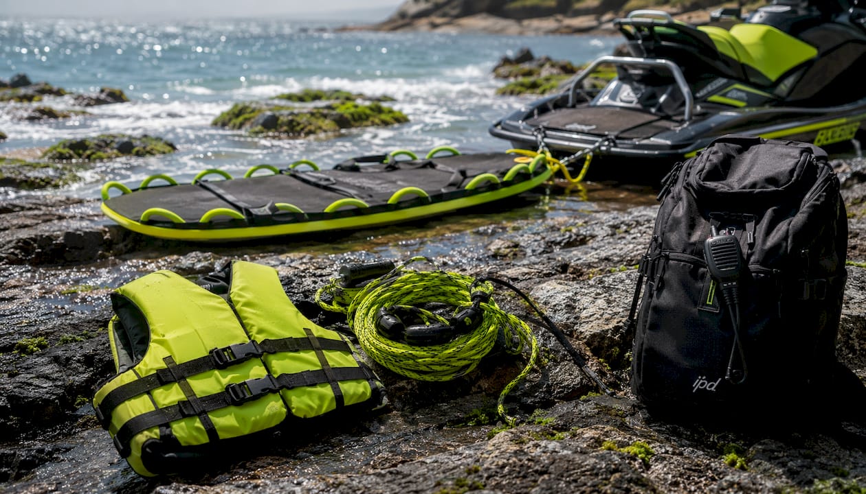 Tow-in surfing safety equipment on beach