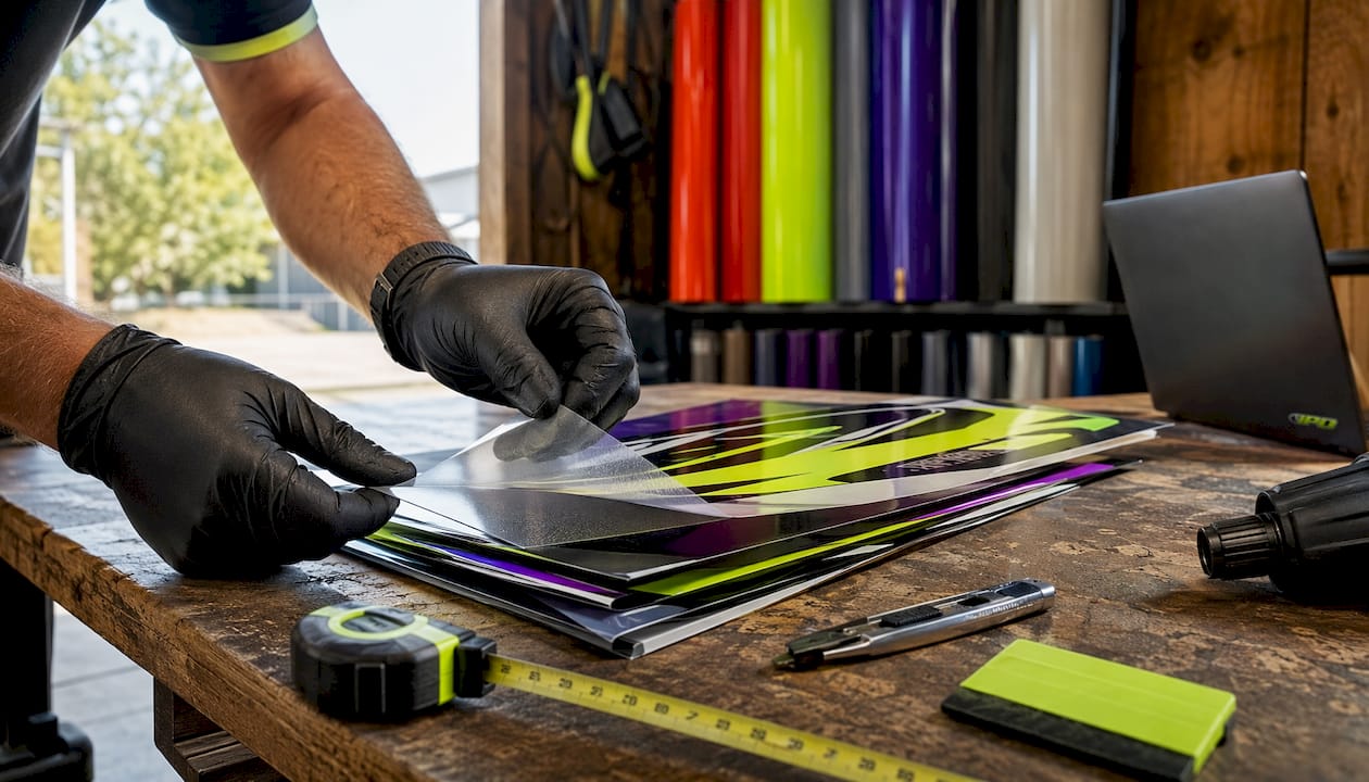 Close-up layered vinyl films for race graphics