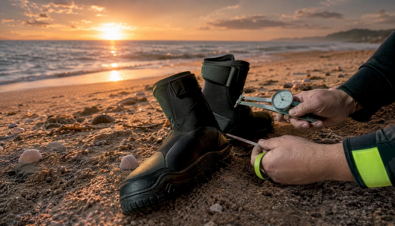 Close-up of neoprene jet ski boot and hands measuring
