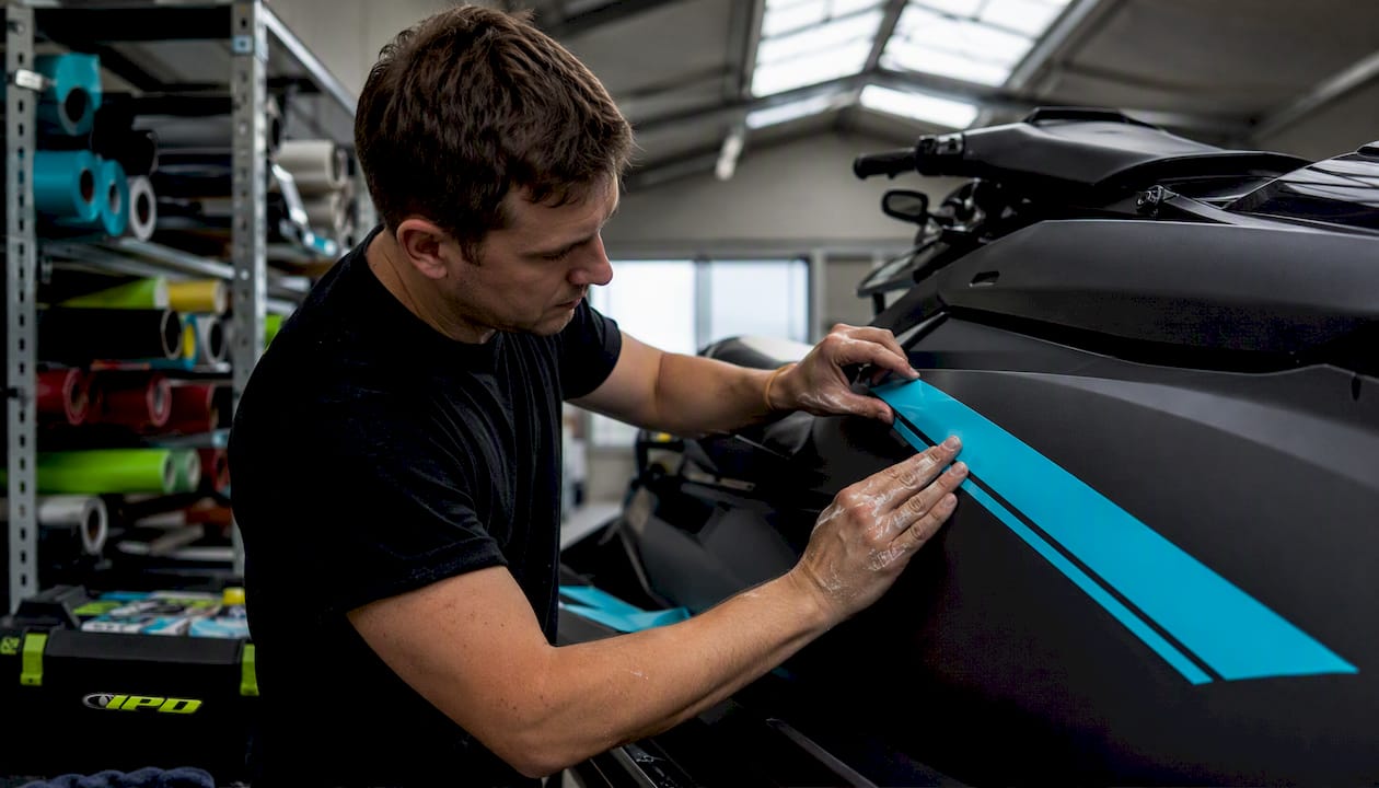 Technician applying cyan pinstripe decal on jet ski hull