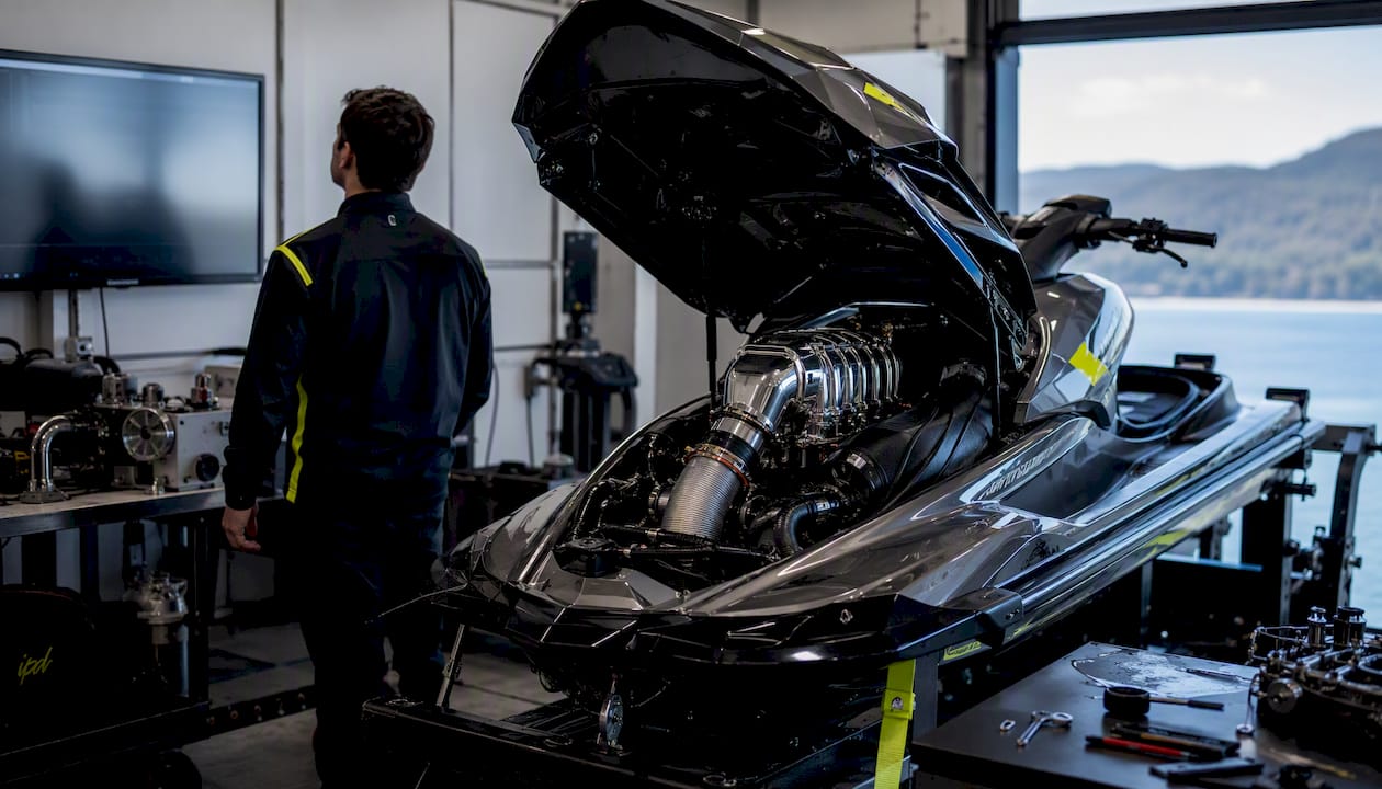 Technician testing Yamaha supercharged PWC on dyno