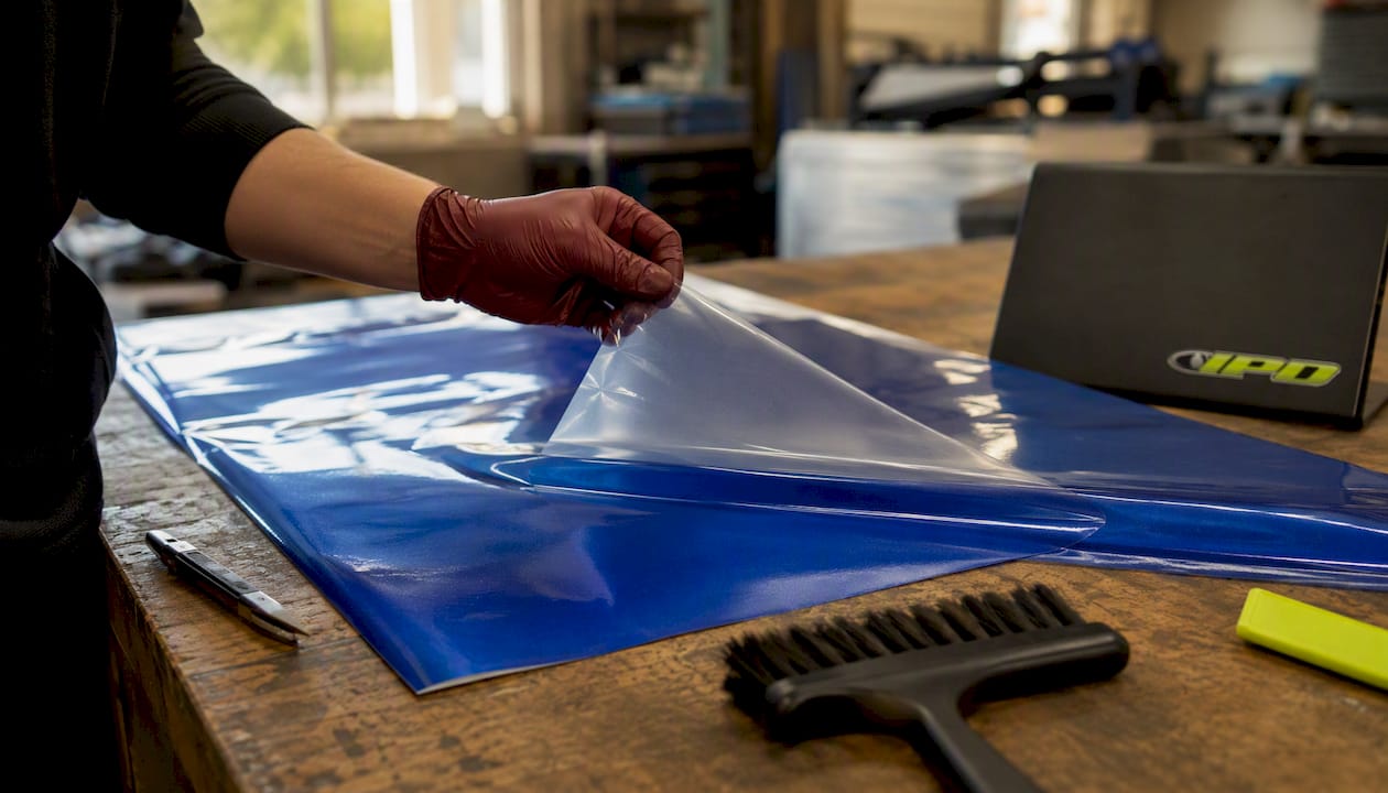 Hand peeling protective overlaminate from vinyl wrap