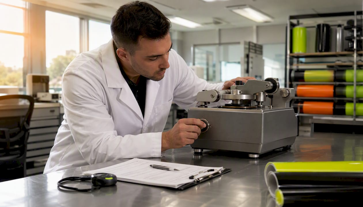 Technician conducting abrasion test on vinyl sample