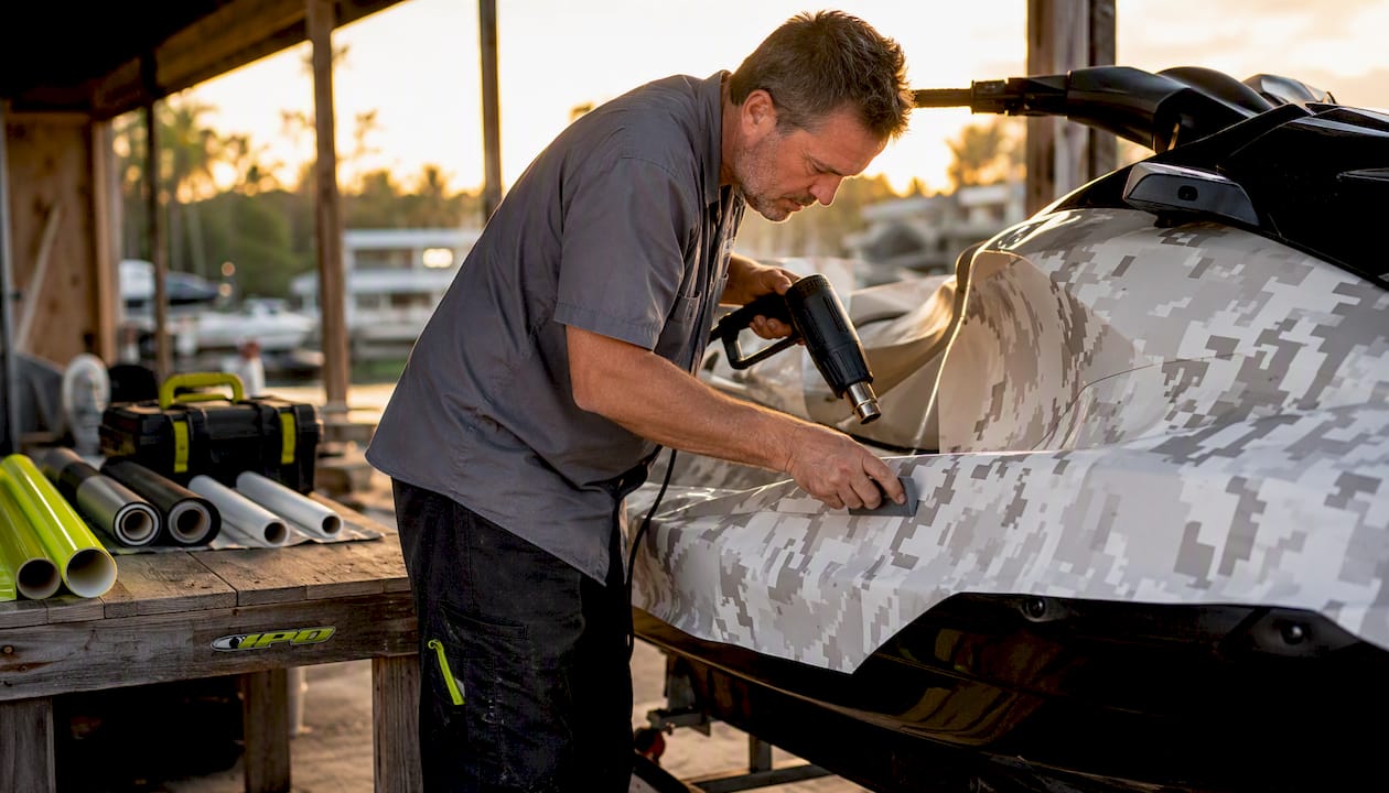 Technician applying white digital camo vinyl wrap on jet ski