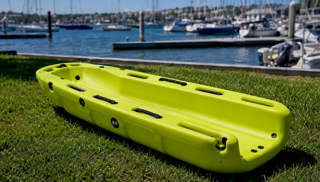 Close-up of HDPE hull rescue sled outdoors