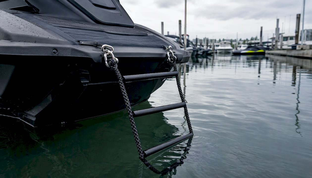 Rope ladder attached to PWC cleats