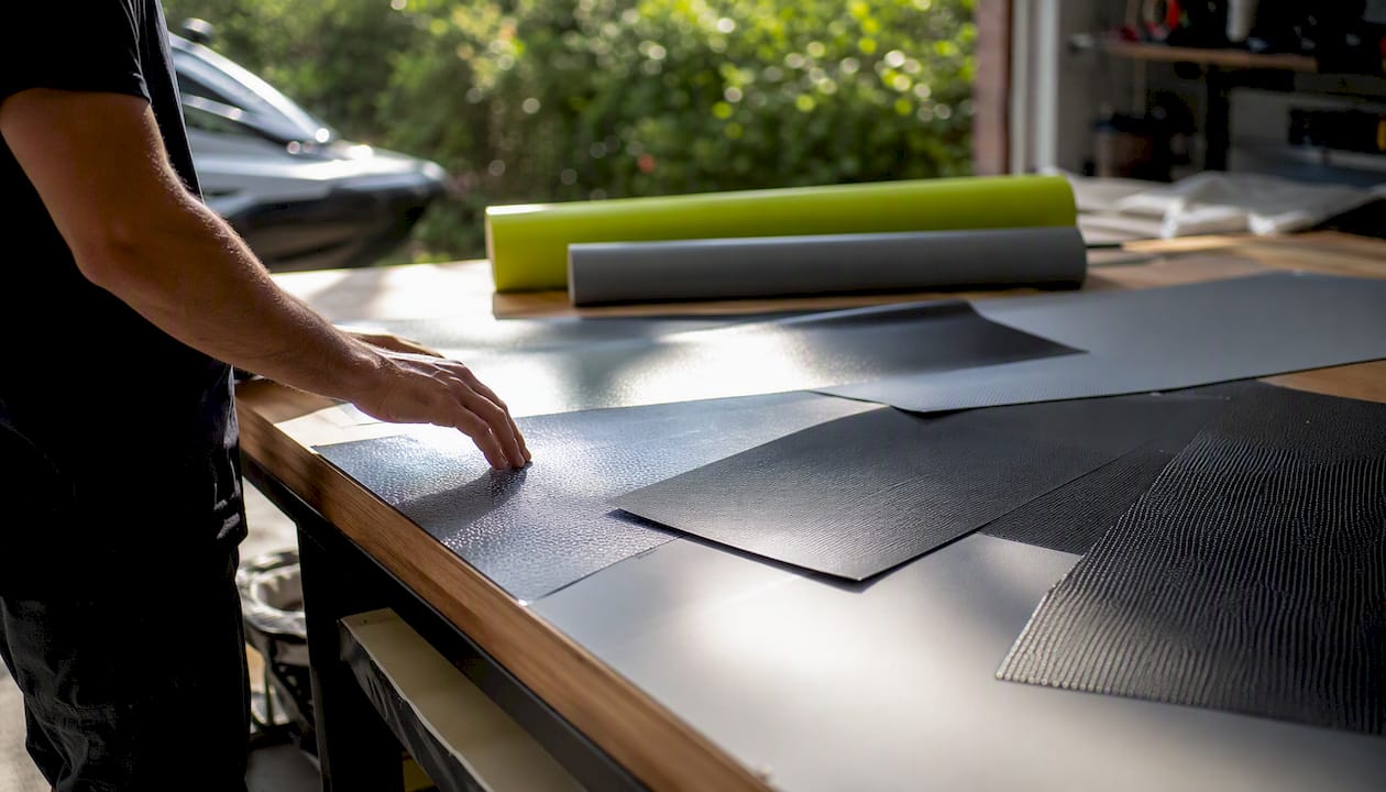 Various vinyl material samples on workbench