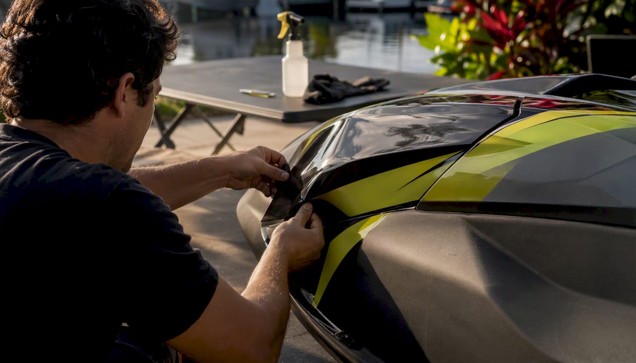 Technician applying glossy film wrap on PWC panel