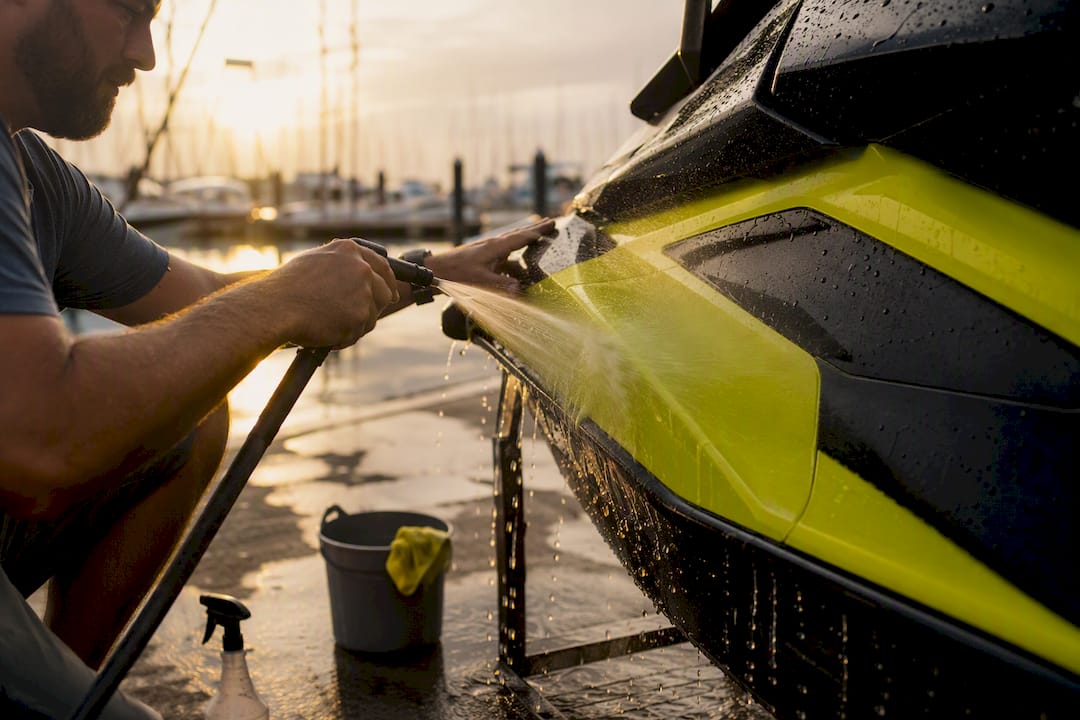 Hands rinsing PWC hull before graphics install