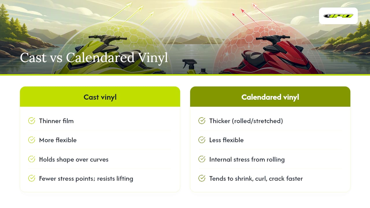 Comparison chart of cast vinyl and calendared vinyl properties