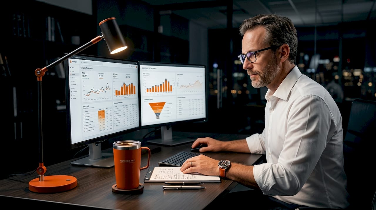 Marketing analyst reviewing law firm digital data