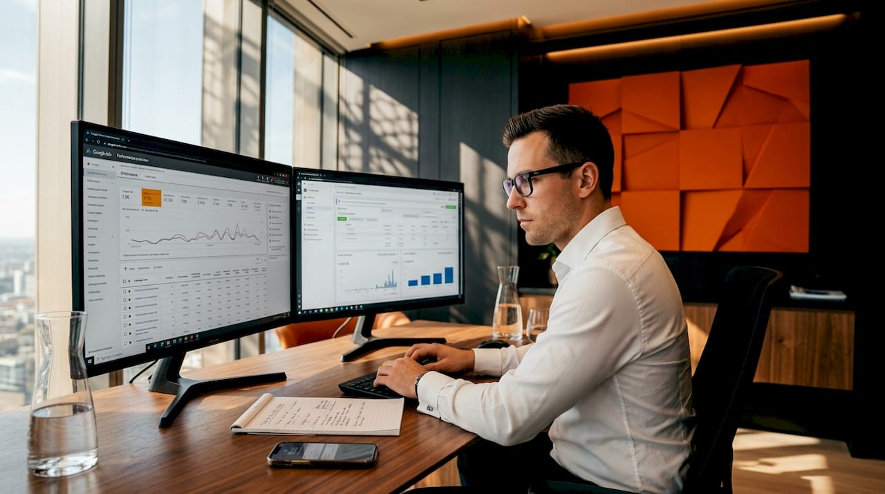 Marketing manager reviewing law firm ad campaigns