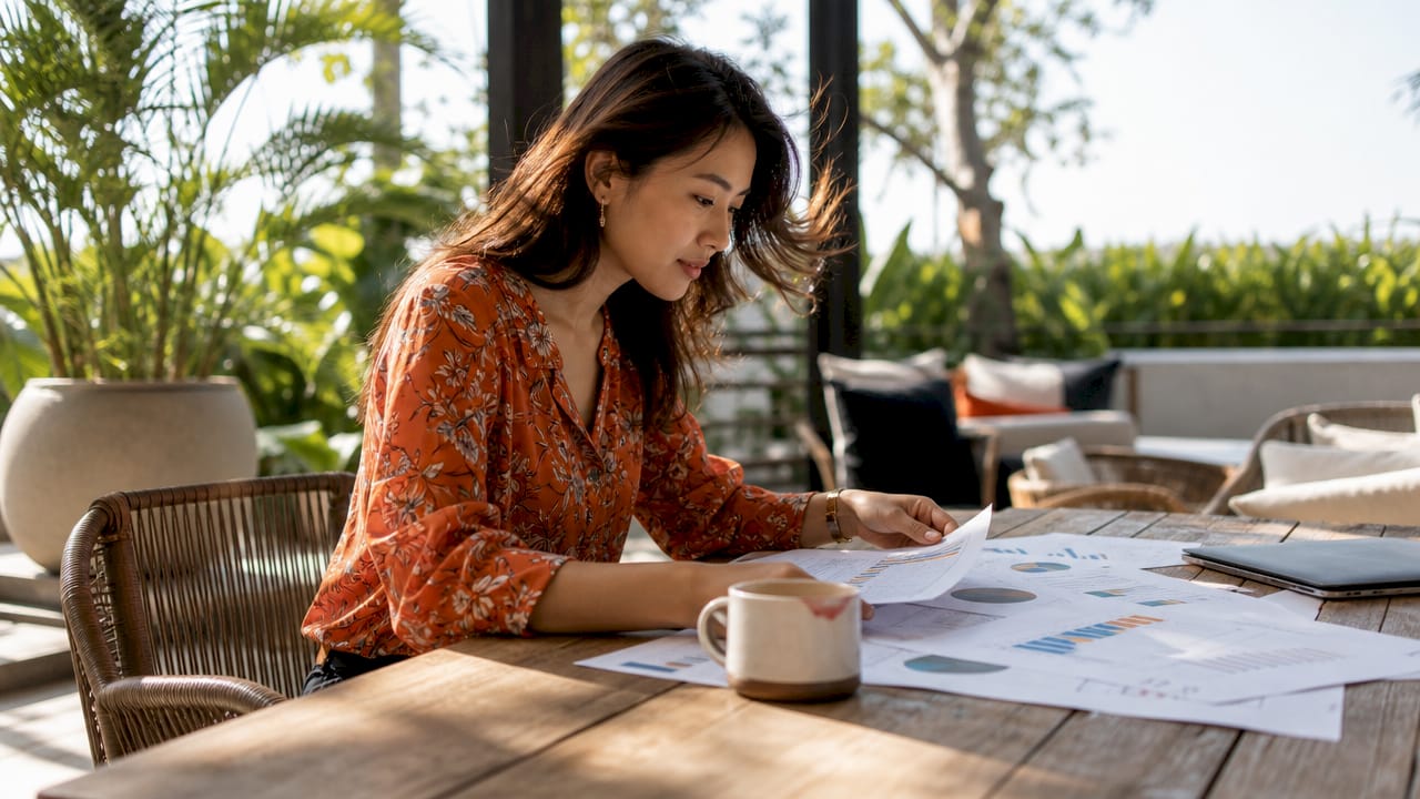 Marketing manager reviewing reports at conference table