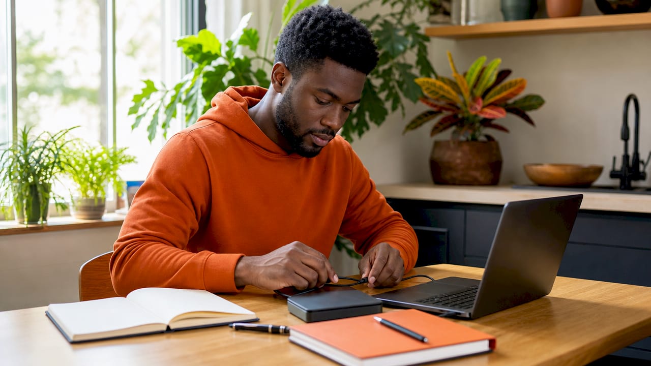 Technologist connecting devices at home office desk
