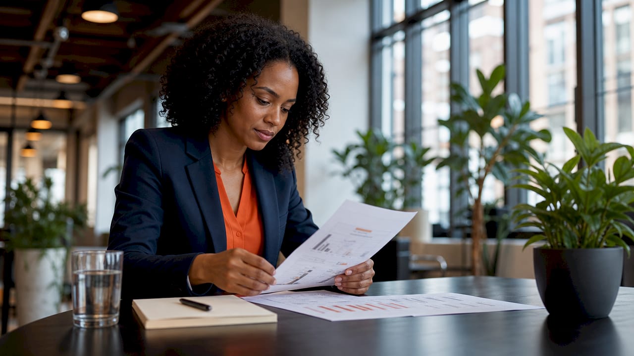 Businesswoman reviewing agency consolidation documents