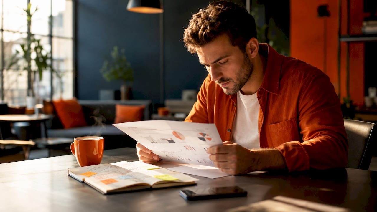 Marketing specialist reflecting on ad placement at café table