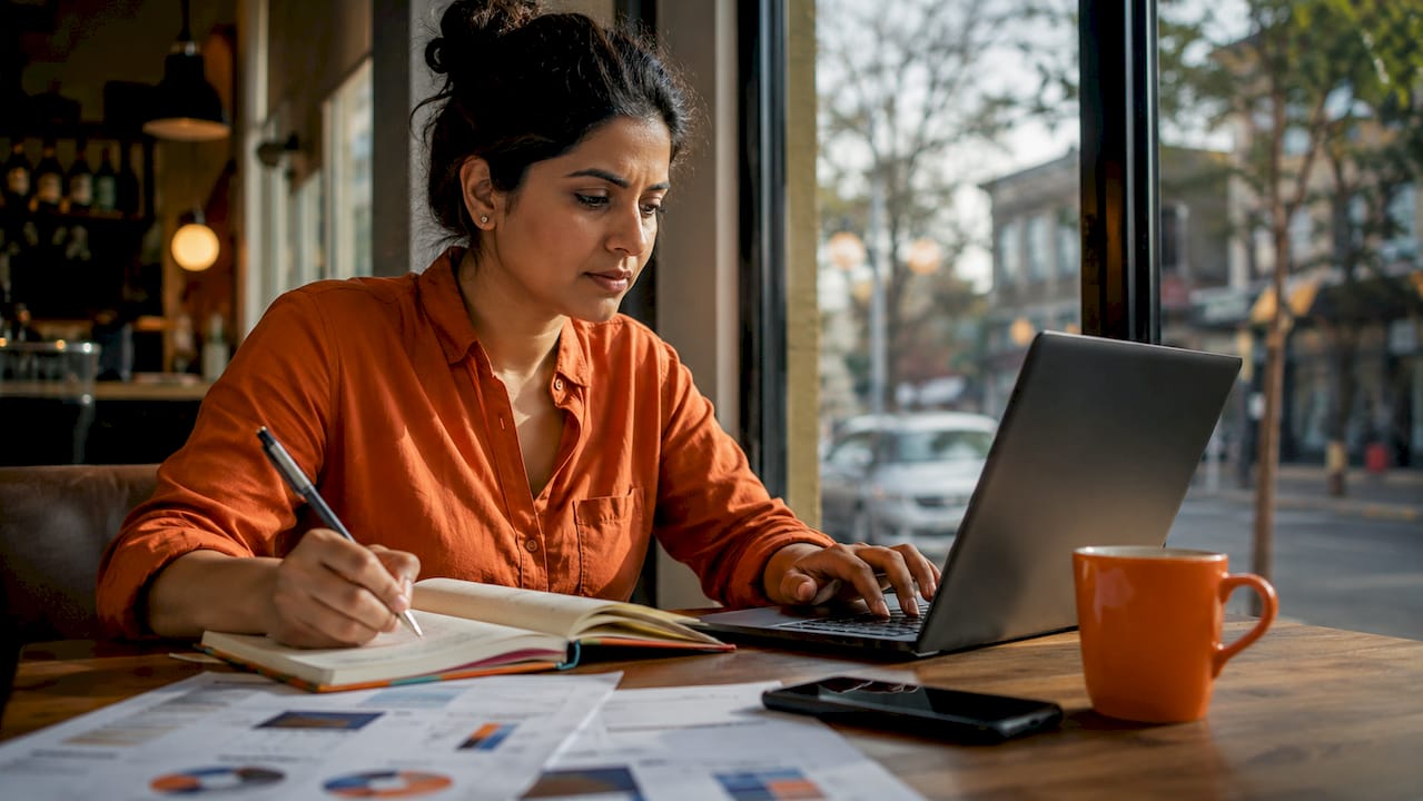 Person working on AI marketing tools in office