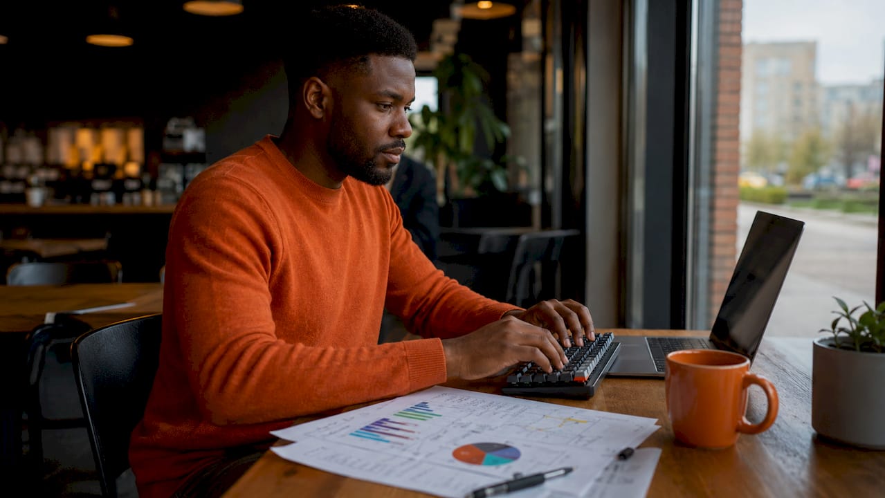 Hands typing near lead scoring documents on desk