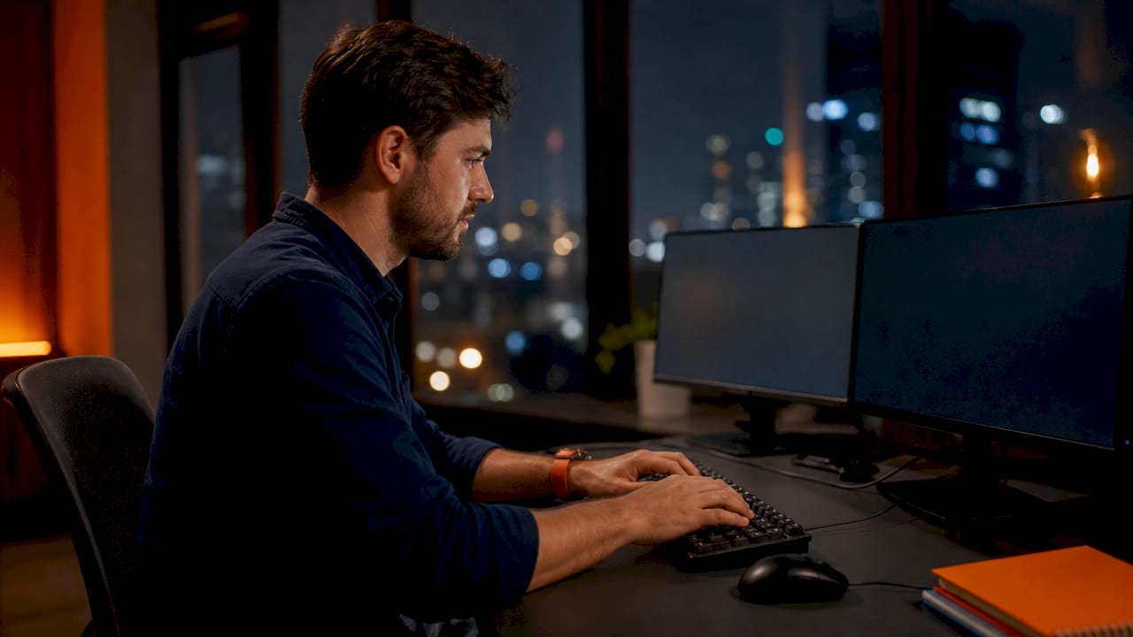Hands typing email automation code on keyboard