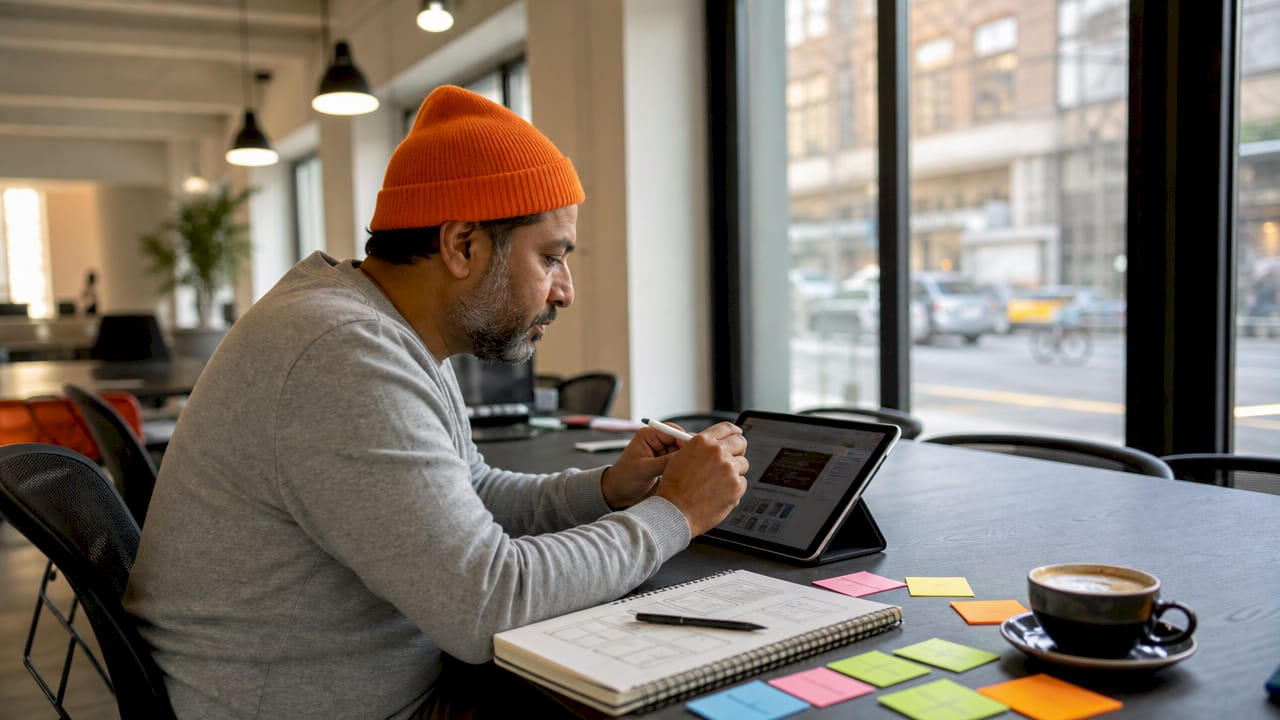 Web designer reviewing dental website prototype on tablet