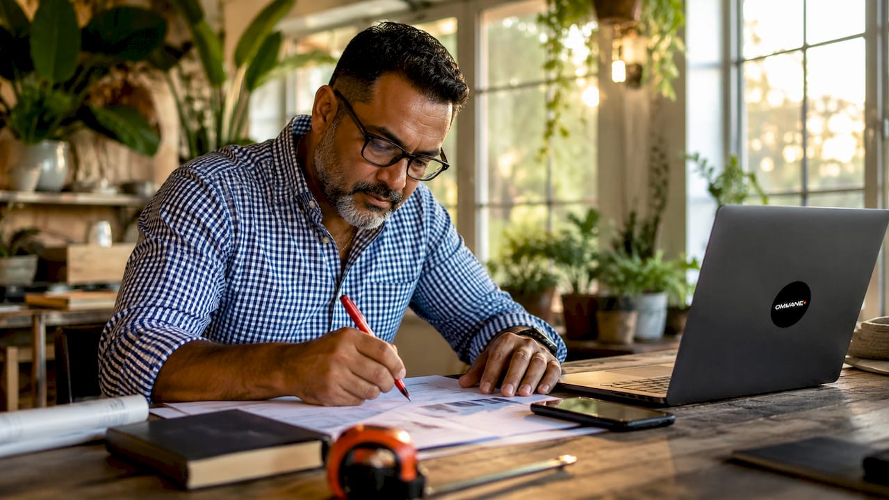Contractor reviewing marketing plans in home office