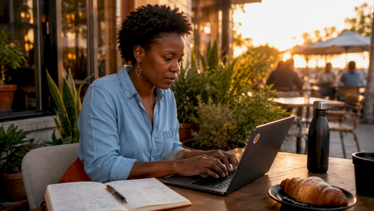 Woman working on paid ad campaigns at coworking desk
