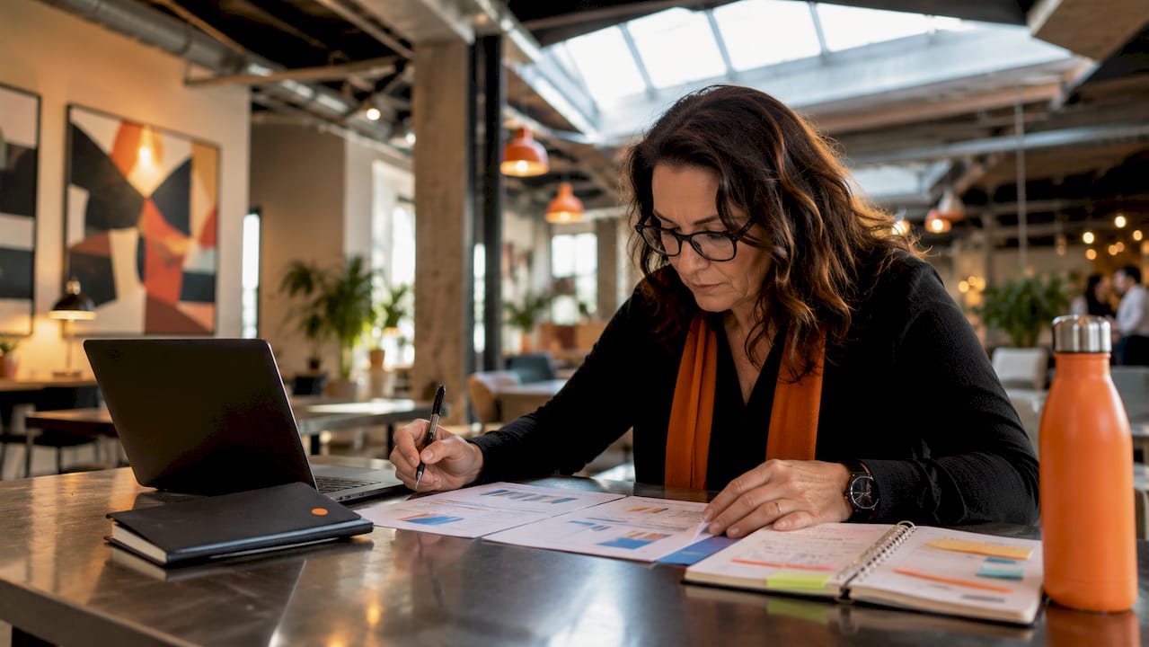 Accountant reviewing marketing growth plan in office