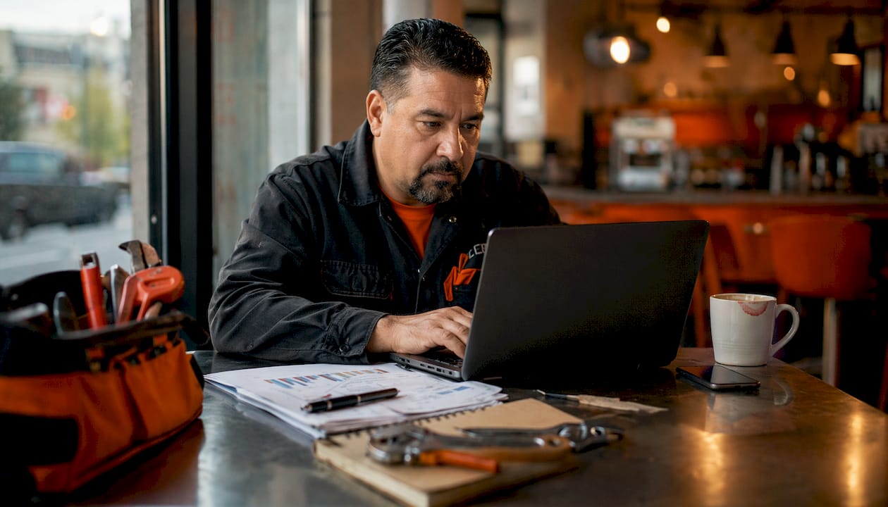 Plumber working on SEO strategy at desk