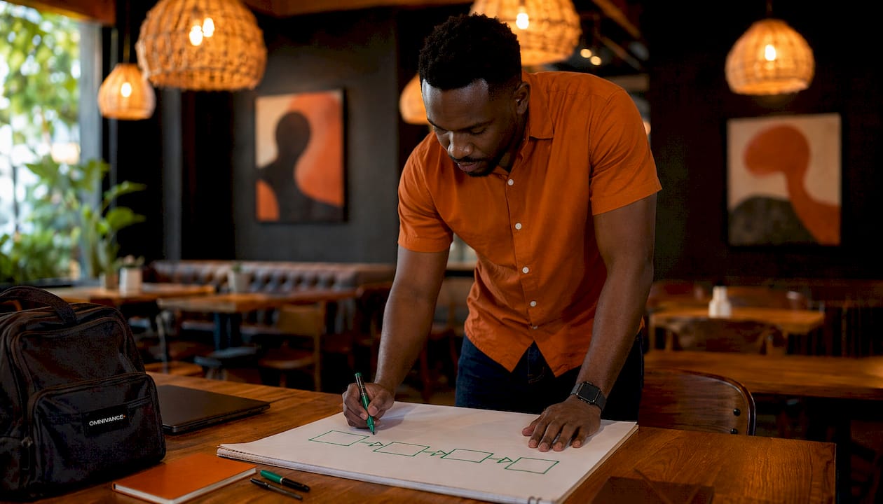 Entrepreneur mapping sales pipeline on whiteboard