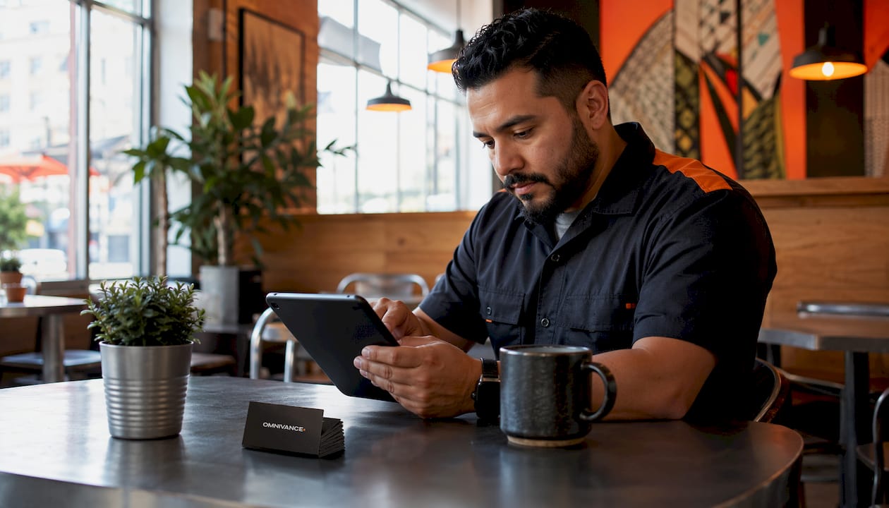 Plumber checking marketing notifications on smartphone
