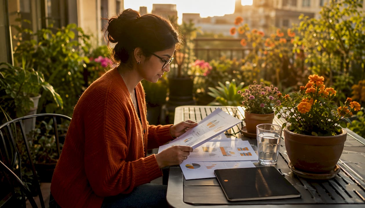 Woman reviewing marketing strategy papers at desk