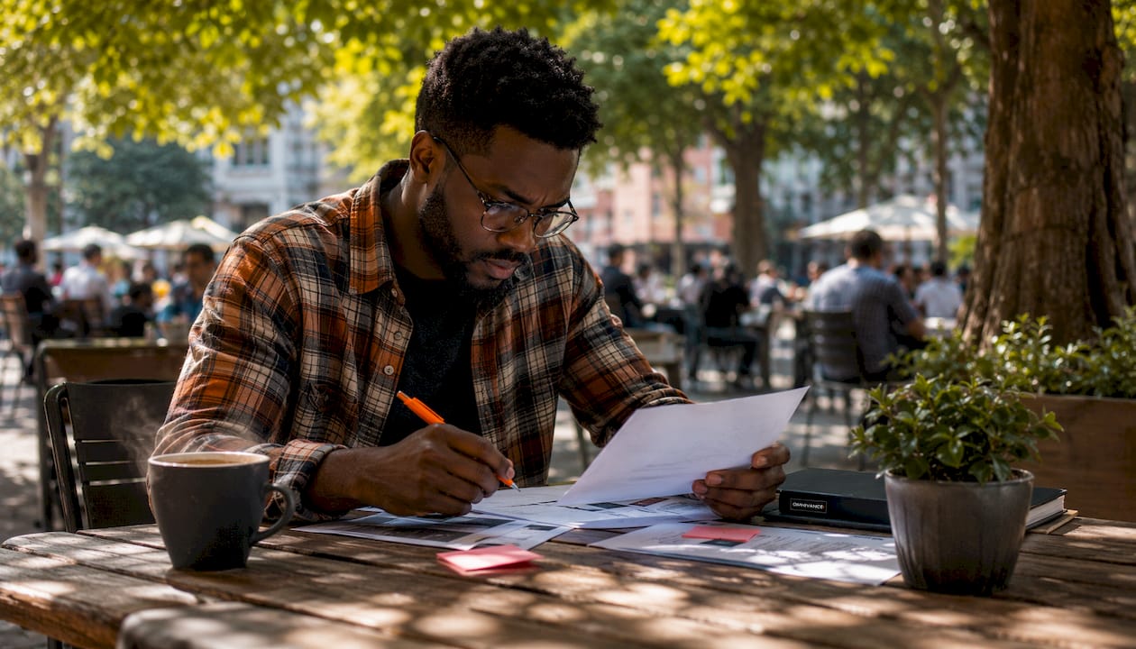 Man editing AI-generated content drafts at desk