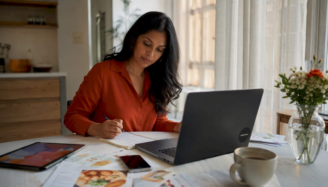 Woman planning e-commerce email sequences at desk