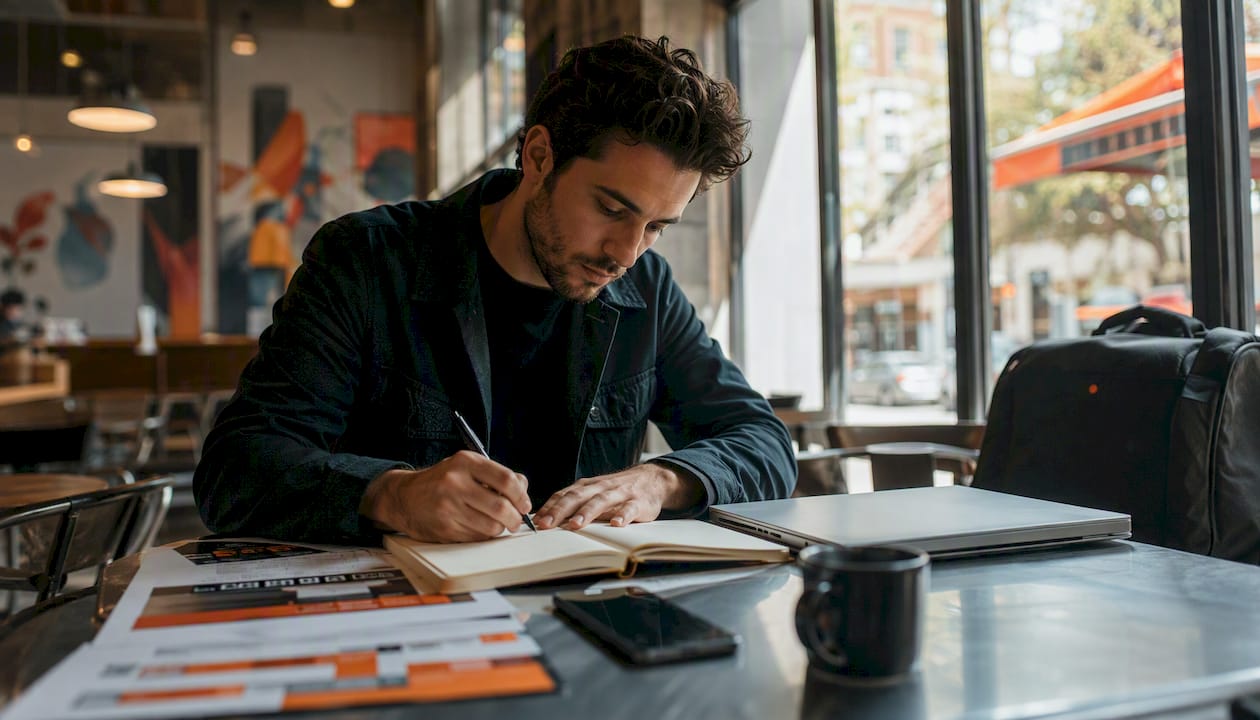 Marketer writing notes with laptop on desk in home office