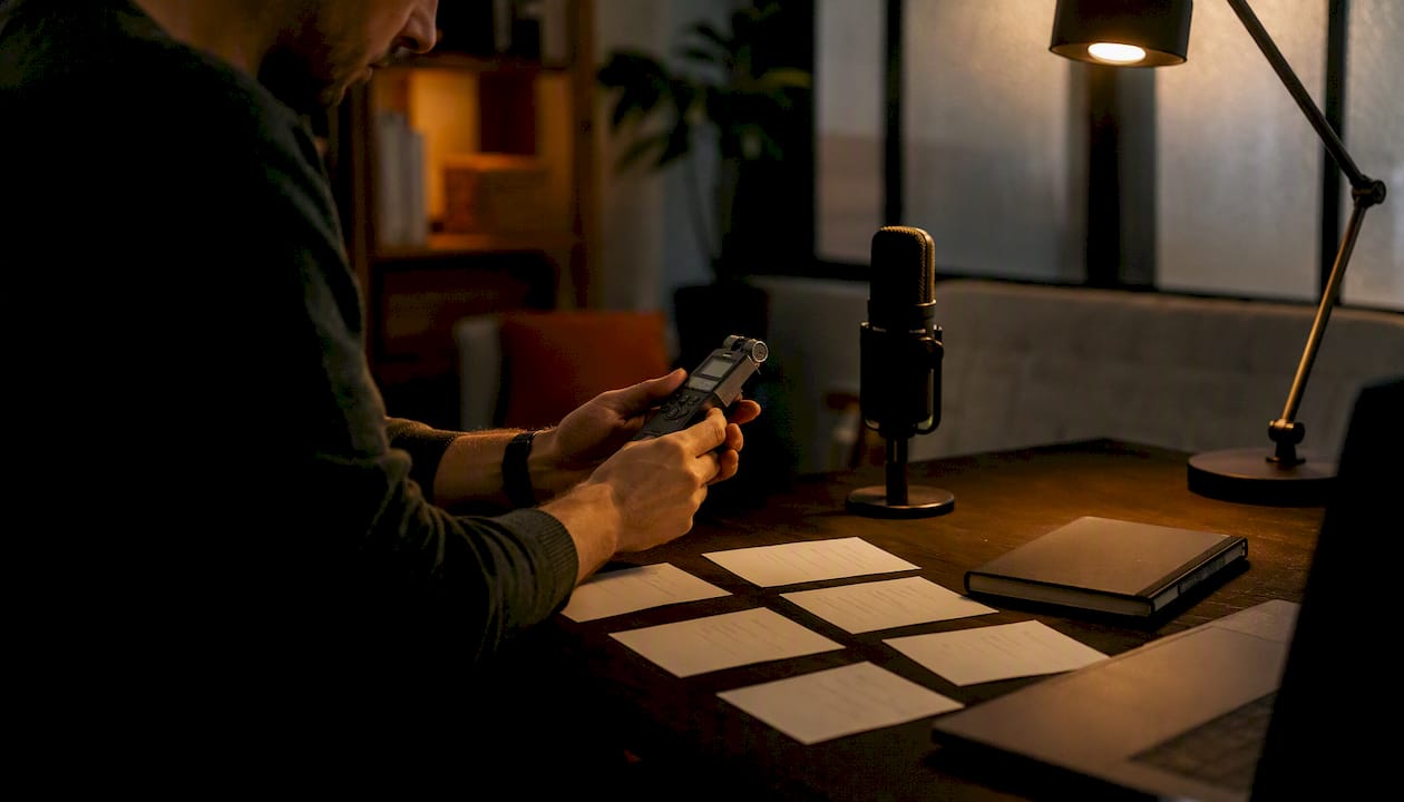 Hands holding a voice recorder amid marketing tools