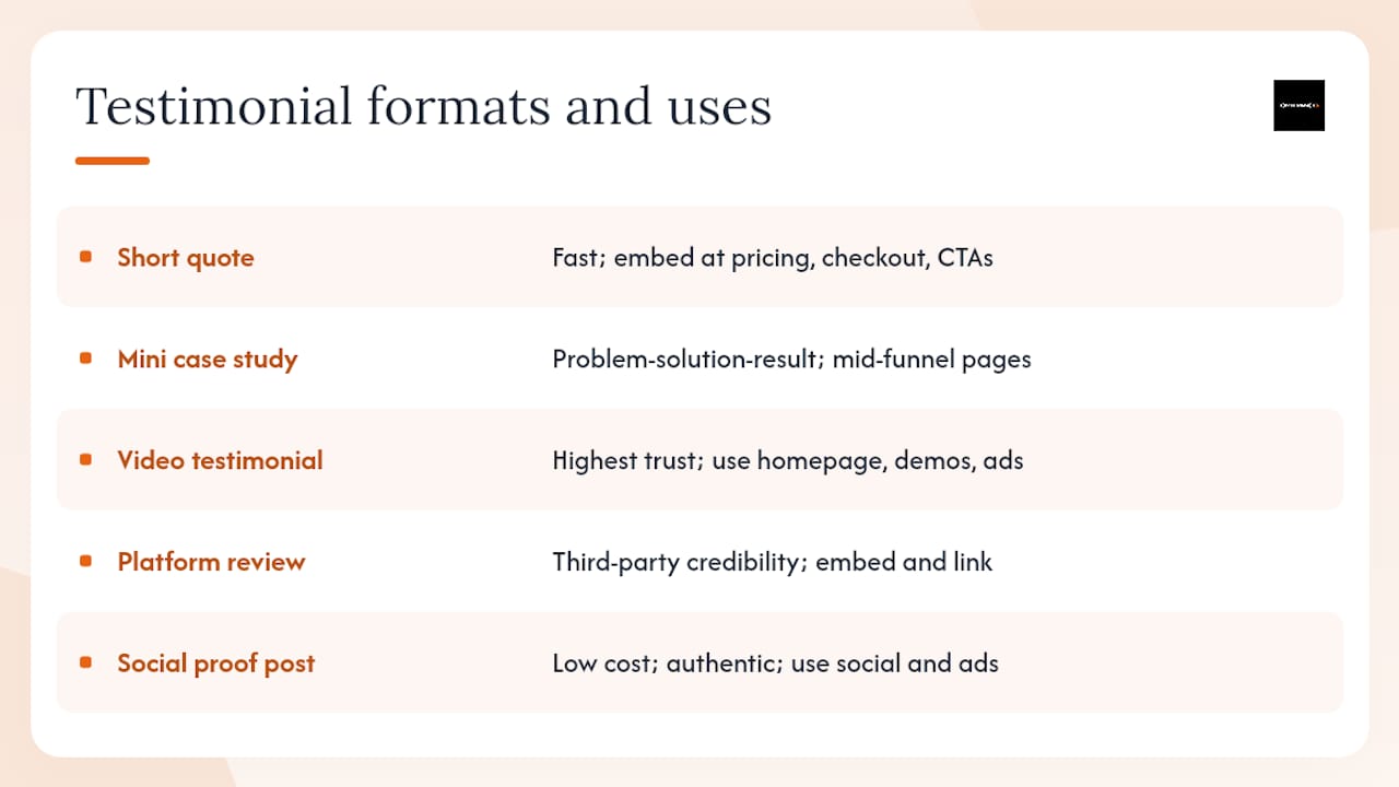 What testimonial formats should you use and when? — overview diagram
