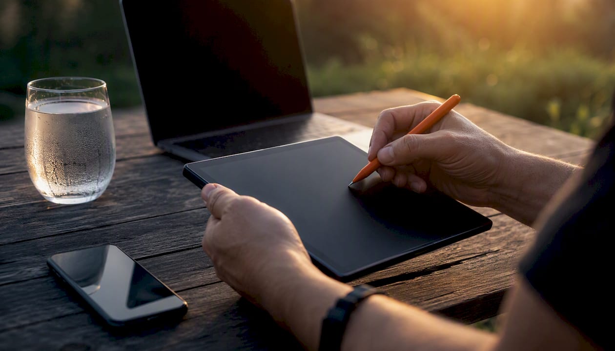 Workspace with marketing tools and hands drawing