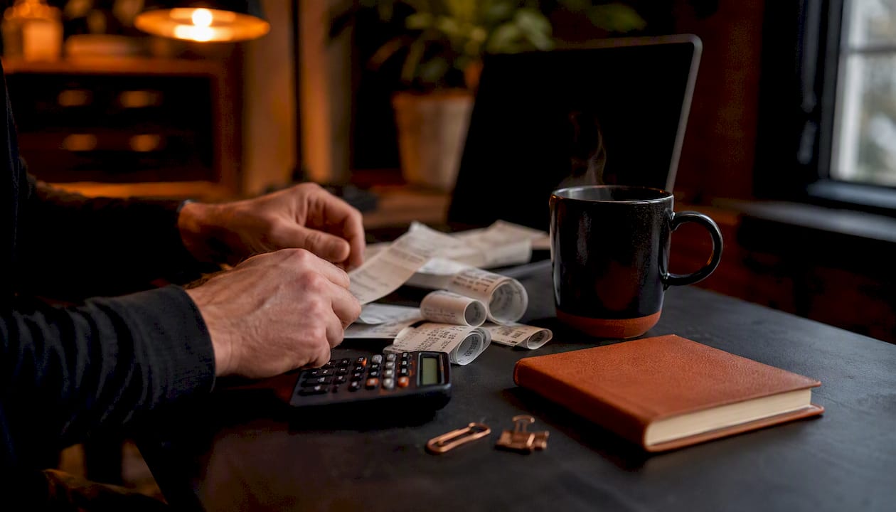 Hands managing marketing expense items on desk