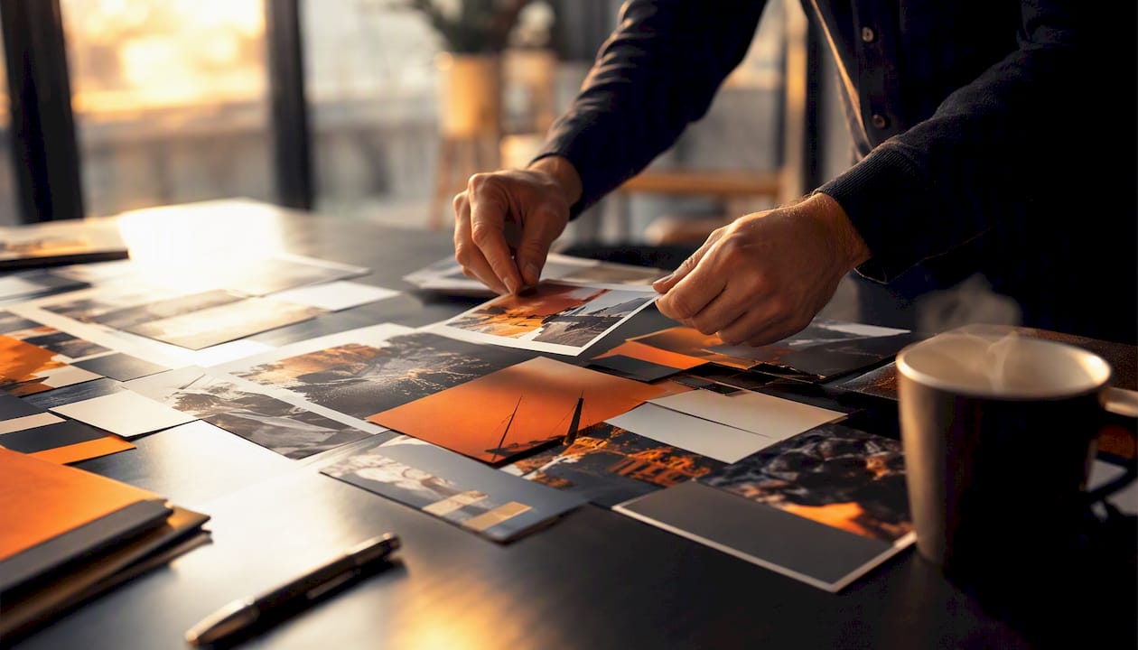 Hands arranging marketing data cards on table