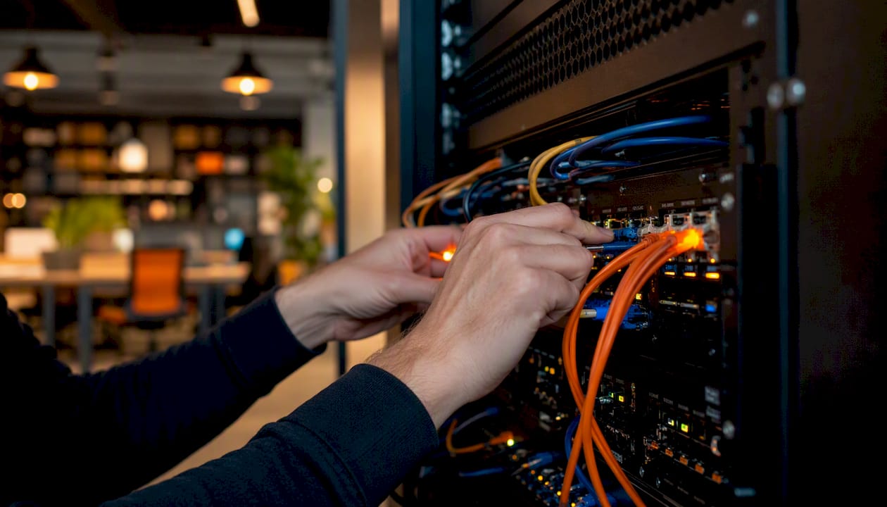 Hands connecting network cables in data center