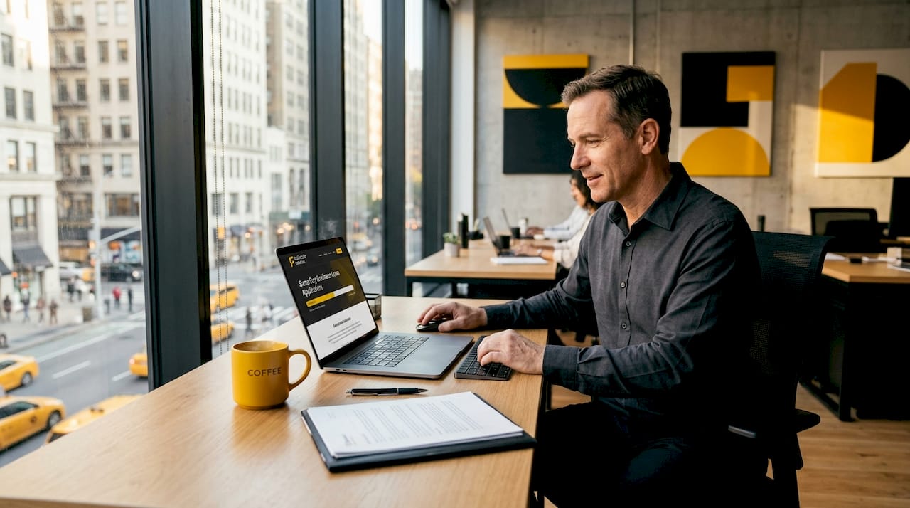 Businessman applying for loan via laptop in café