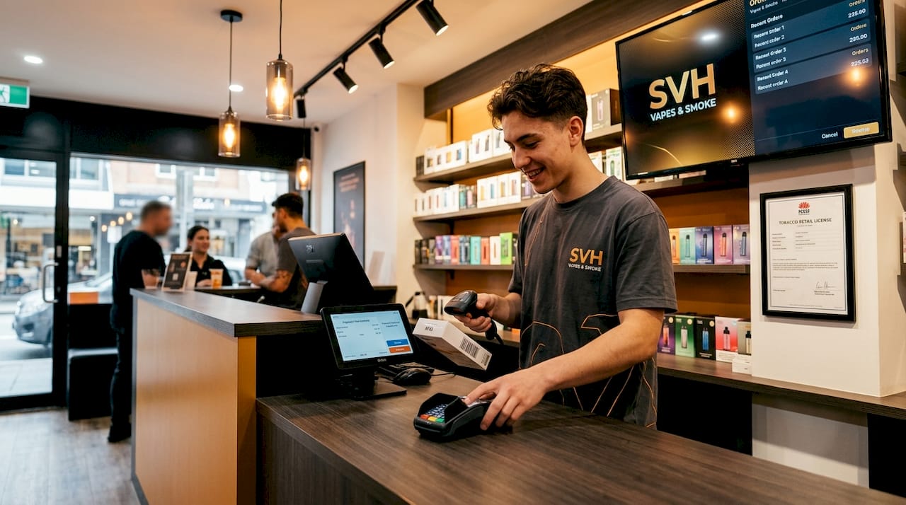 Vape store checkout with employee processing payment