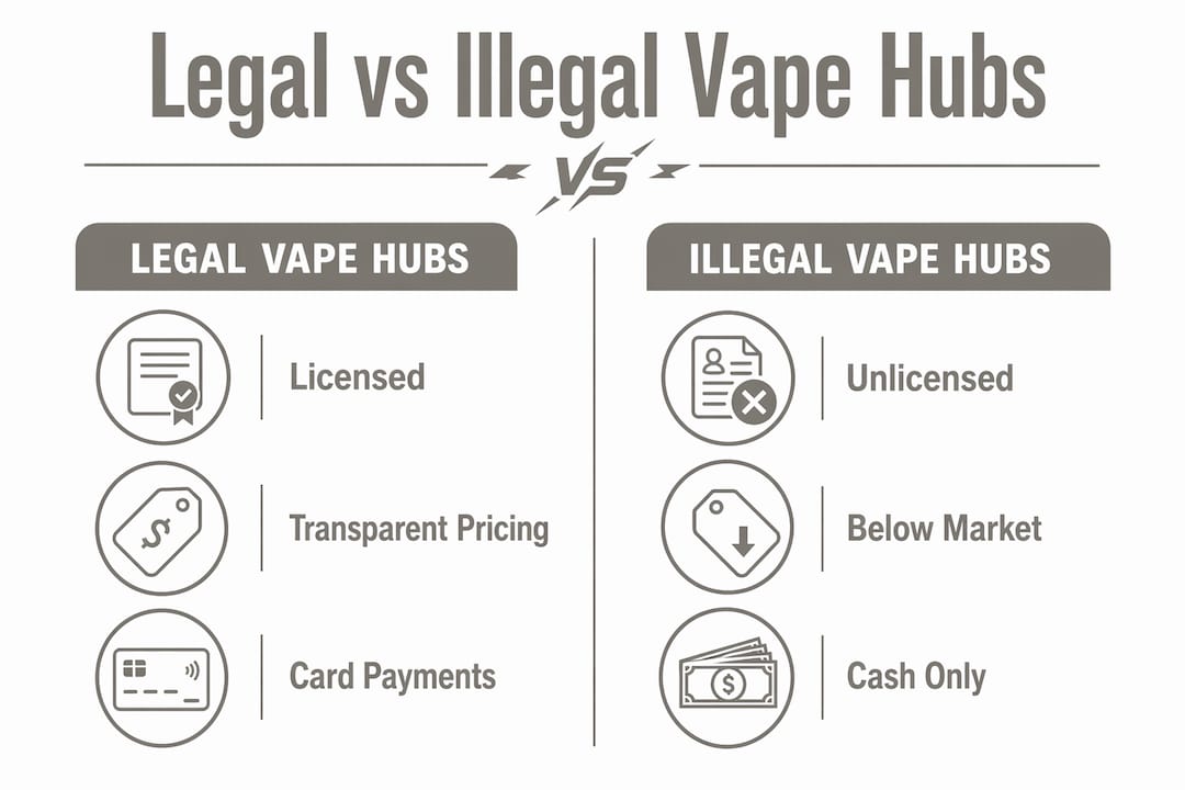 Infographic comparing legal and illegal vape hubs features