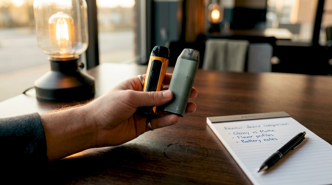 Hand comparing two disposable vape devices on café table