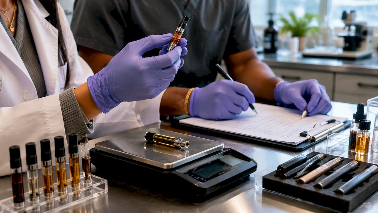 Hands inspecting vape product for compliance