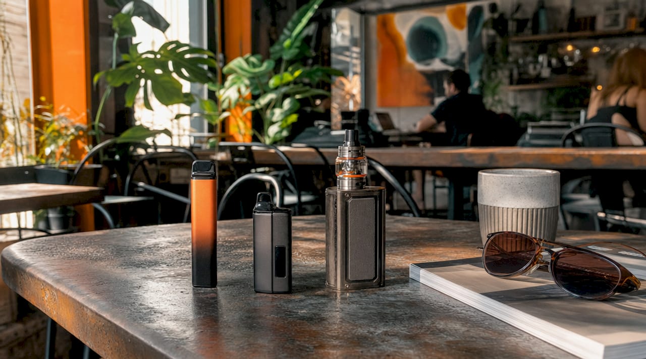 Varied vape devices on wooden surface close-up
