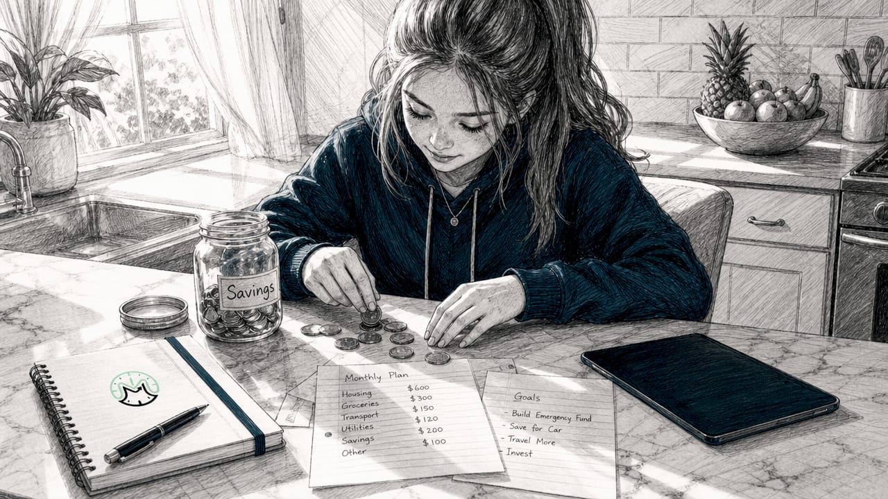 Teen girl counting money savings jar