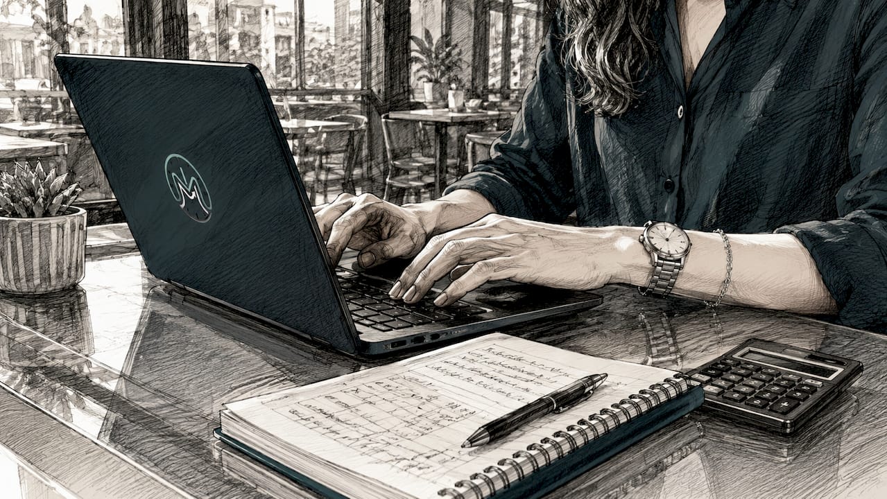 Hands typing on laptop with calculator on desk
