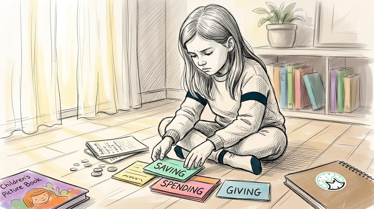 Child managing allowance jars at kitchen table